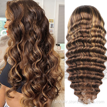 Wholesale 4/27 Highlight Loose Deep Wave Wig Honey Blonde Colored Transparent Lace Wigs Pre Plucked Human Hair for Women